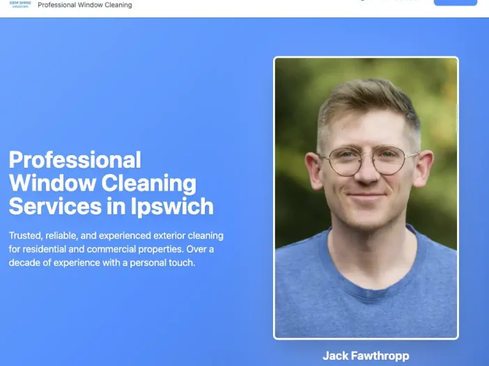 A promotional image for Gem Shine Windows featuring Jack Fawthropp, Owner & Operator, alongside text advertising professional window cleaning services in Ipswich.